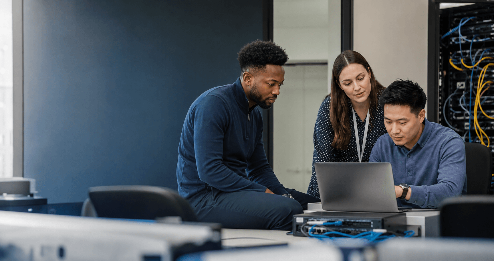 Technology specialists working together beside network equipment